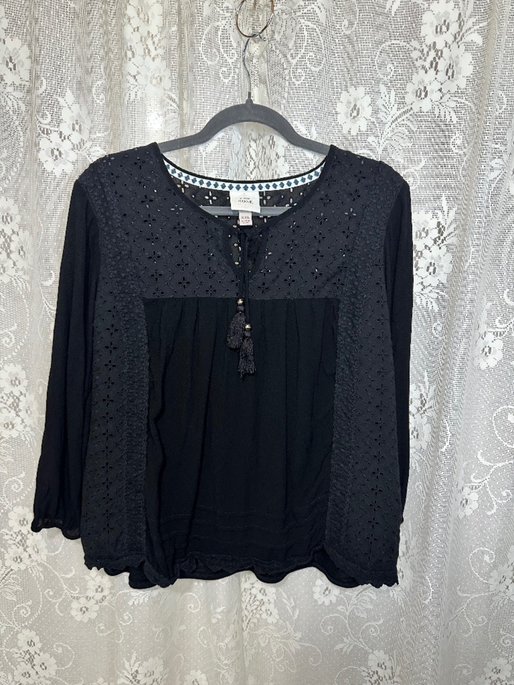 Knox Rose Black Eyelet Lace Boho Peasant Blouse Tassel Tie XXL